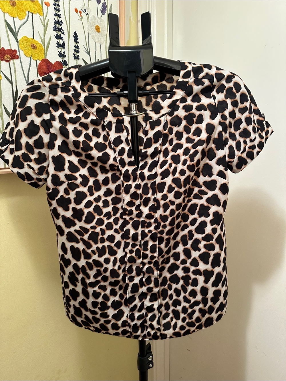 Worthington Leopard Print Short Sleeve Blouse - Black and Cream